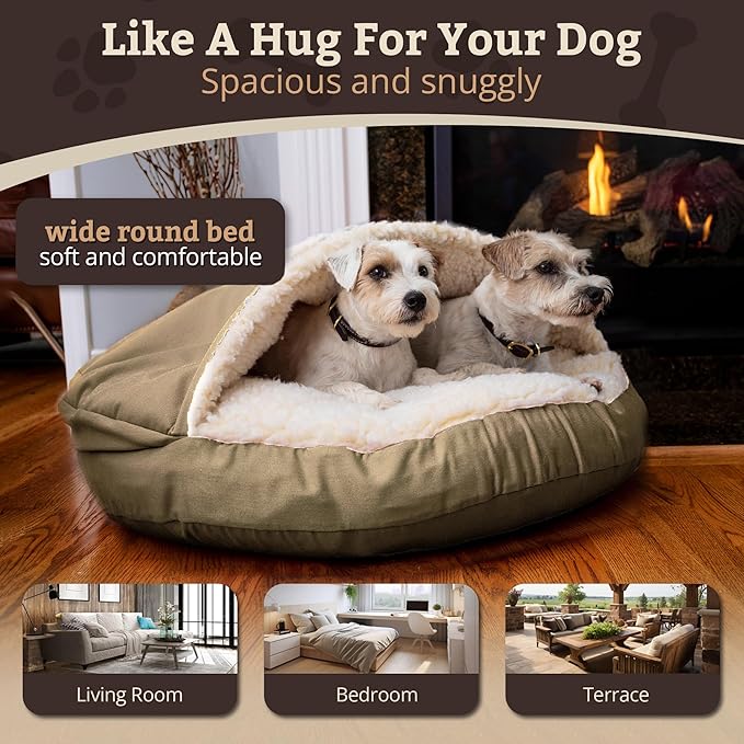 Snoozer Cozy Cave Dog Bed - Indoor Dog Bed with Cover Cave, Covered Calming Burrow for Medium & Large Sized Pets with Blanket Attached, Enclosed, Removable Washable Cover - Small, Khaki