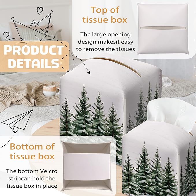 Winter Pine Tree Tissue Box Holder, Leather Tissue Box Cover Square with Bottom Belt, Paper Facial Decorative Tissues Cover for Night Stands Bathroom Kitchen Office Home Decor-B23