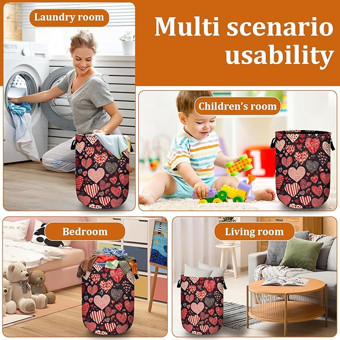 Red Heart Laundry Basket with Sturdy Handles, Collapsible Oxford Cloth Laundry Hamper Organizer Basket for Bathroom Bedroom 15.7x20 Inch