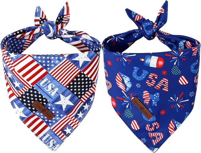 Lionet Paws Summer 2pcs Dog Bandanas, 4th of July USA Dog Scarf Bib Premium Fabric, Happy American Flag Blue Bandanas for Medium Large Dogs Pets