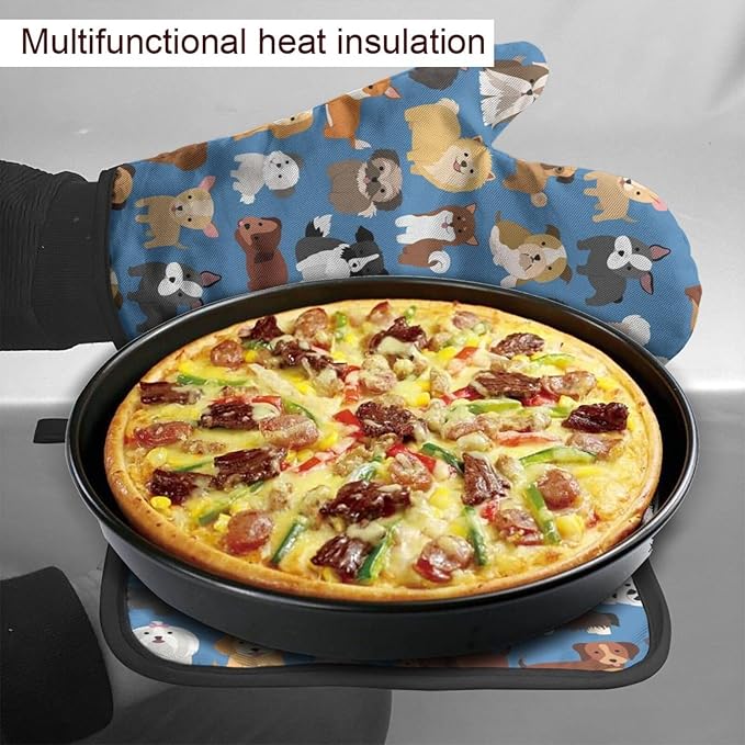 Cute Dogs Blue Oven Mitts and Pot Holders Insulated Gloves & Kitchen Counter Safe Mats for Cooking BBQ Baking Grilling (2-Piece Set)