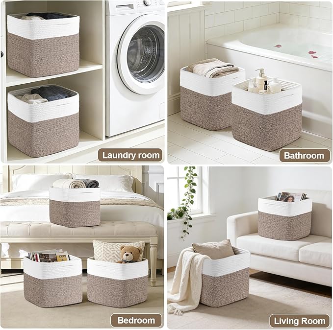 Storage Cubes 11 Inch Storage Baskets for Shelves, Cotton Rope Woven Baskets for Organizing, Cube Storage Square Bins for Toy, Playroom Decor, Classroom, Closet, White+brown, 1pack