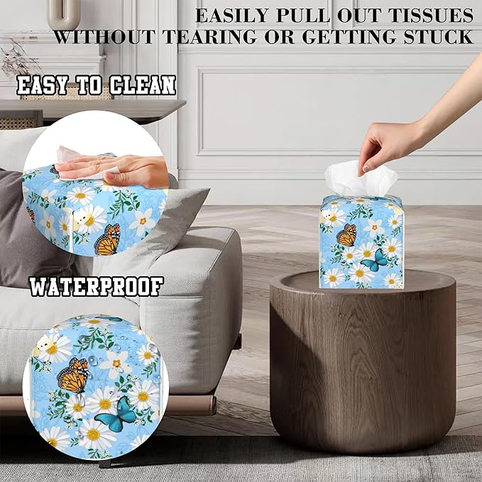 OHEGBXE Tissue Box Holder Daisy Flower and Butterfly Square Leather Tissue Box Cover Modern Cube Facial Paper Cover Case for Bathroom Vanity Countertop Night Stands Tabletop