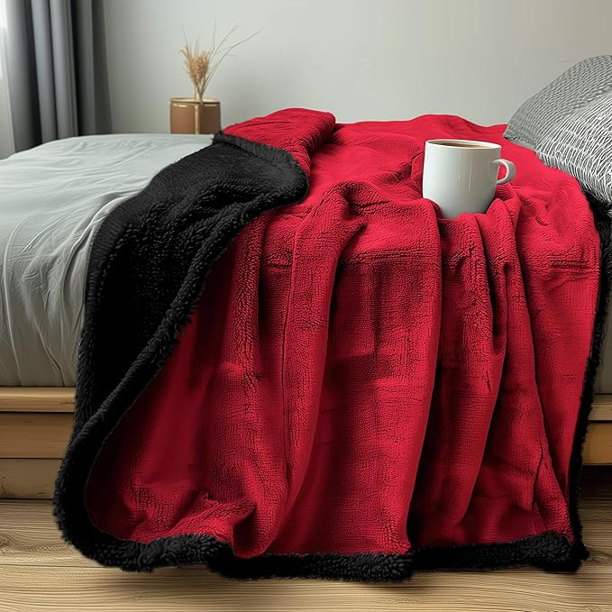 Bedding Aid Waterproof Blanket Twin Size - Sherpa Fleece Reversible Throw, Soft Warm Leak-Proof Bed & Couch Protector for Kids, Pets & Everyday Spills (Velvet Red/Obsidian Black, 65x90