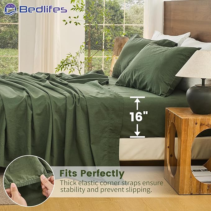 Bedlifes 100% French Pure Linen Sheets California King Size Breathable and Cooling Flax Sheet Set Soft Durable and Moisture Wicking 16 Inch Deep Pocket-4 Piece(Cal King,Forest Green)
