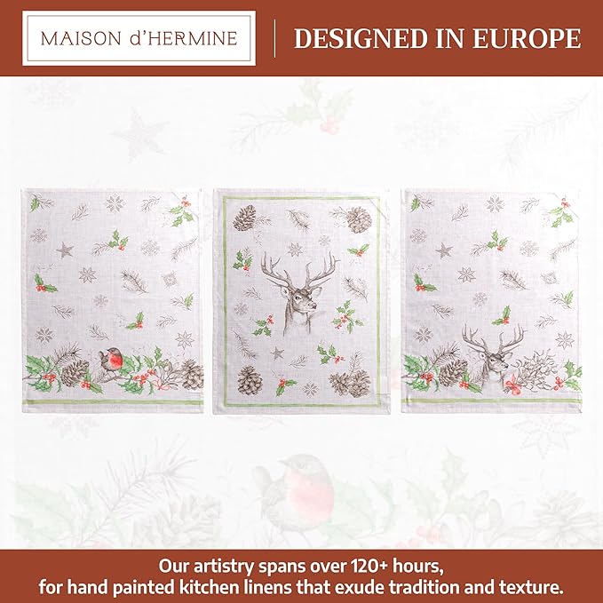 Maison d' Hermine Kitchen Towels Set of 3 100% Cotton 20" x 27.5" Reusable Cloth Tea Dish Towels Absorbent with Hanging Loop for Kitchen Dining Thanksgiving Christmas Decorations (Christmas Dew)