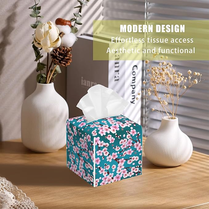 BLYKVGHQ Pink Cherry Blossom Branches Tissue Box Cover Square, Tissue Box Holder with Bottom Belt Leather Facial Paper Organizer Dispenser for Bathroom Bedroom Dresser Night Stand Tabletop