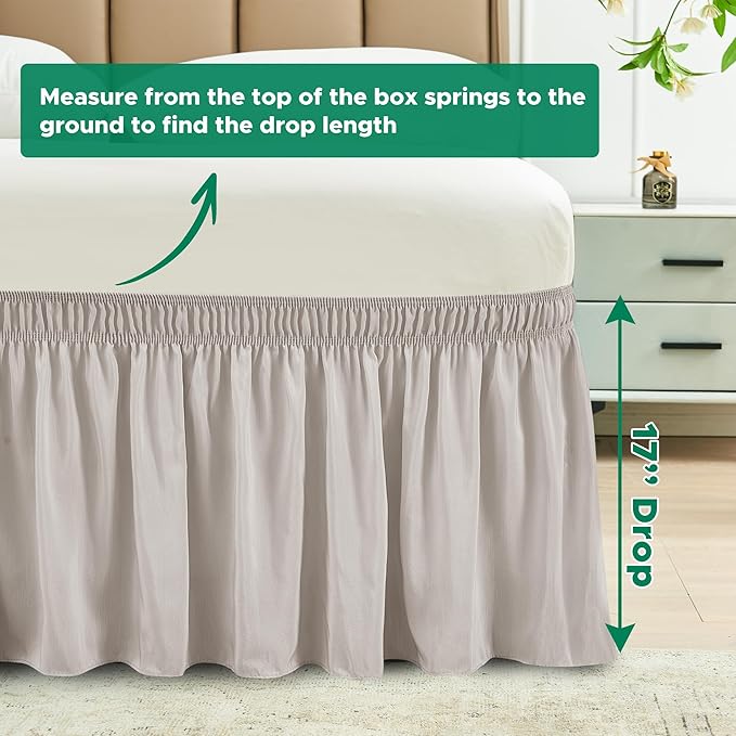 Biscaynebay Wrap Around Bed Skirts for King & Cal King Beds 17" Long Drop, Camel Grey Adjustable Elastic Dust Ruffles Easy Fit Wrinkle Resistant Silky Luxurious Fabric Machine Washable