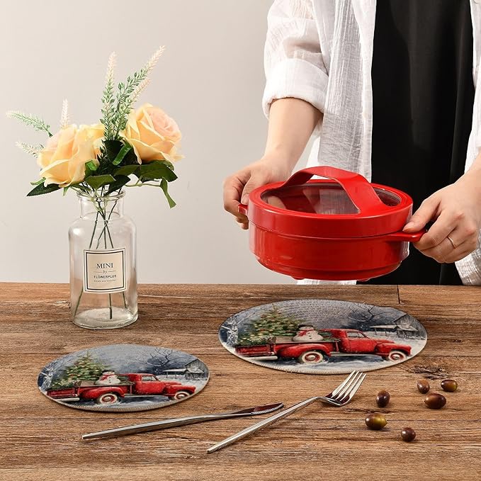 Boccsty Winter Red Truck Trivet Mat 2PCS Snowflake Christmas Tree Dog Cardinal Bird Round Woven Potholders Kitchen Table Countertop Protector Hot Pads Farmhouse Coasters Counter Mats for Cooking Baki