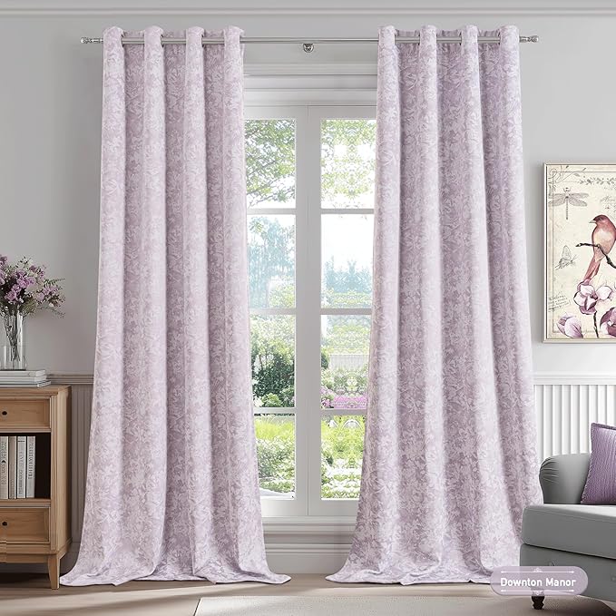 Beauoop Purple Floral Jacquard Blackout Curtains 96 Inches Long 2 Panels for Bedroom Living Room Flower Chenille Room Darkening Thermal Insulated Soundproof Grommet Window Treatments Drapes 52x96