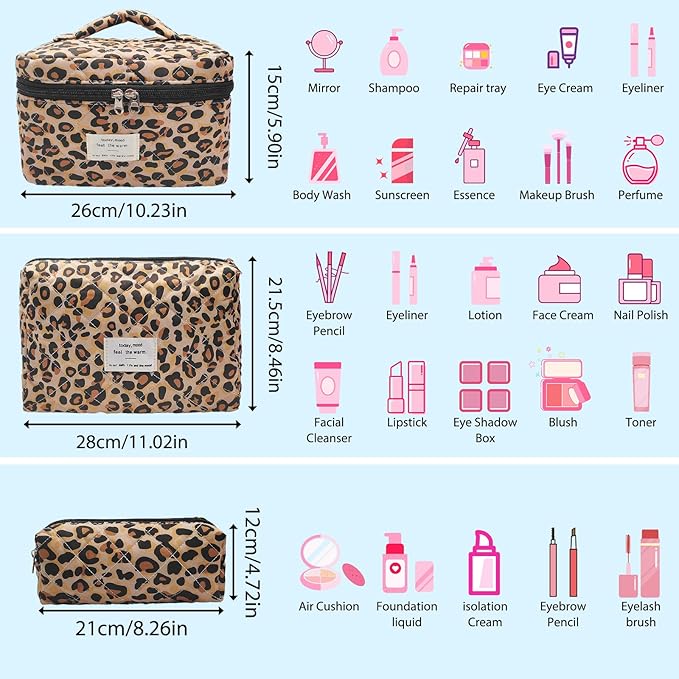 Cozomga Quilted Makeup Bag, Large Capacity Travel Cosmetic Bag for Women and Girls, Aesthetic Storage for Daily and Travel Use (3pcs-Classicleopard)