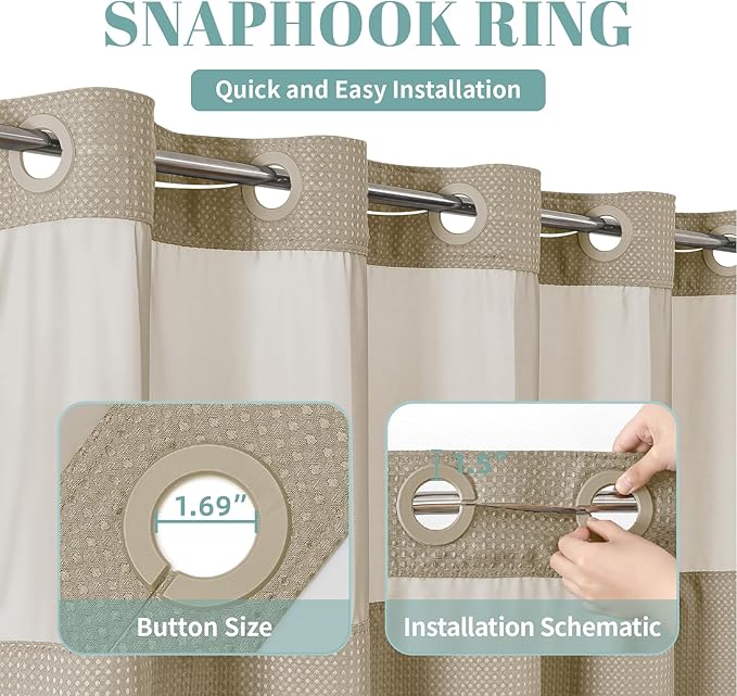 eachope Khaki No Hook Waffle Weave Shower Curtain with snap-in Liner Replacement, 230GSM Waterproof Fabric Hotel Shower Curtain Set for Bathroom, Through Mesh Top Window,71Wx80H