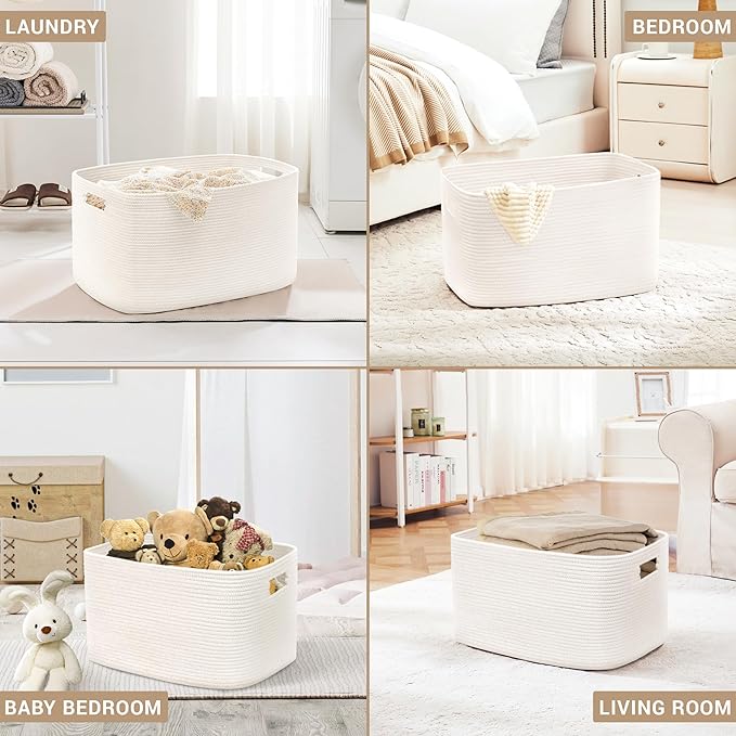SunNewt 60L Small Baby Girls Laundry Basket for Nursery Storage,Cute Woven cotton Rope Baskets for Kids Toy，Gifts,Boho Square Wicker Blanket hamper for Living Room,Bedroom Dirty Clothes, White
