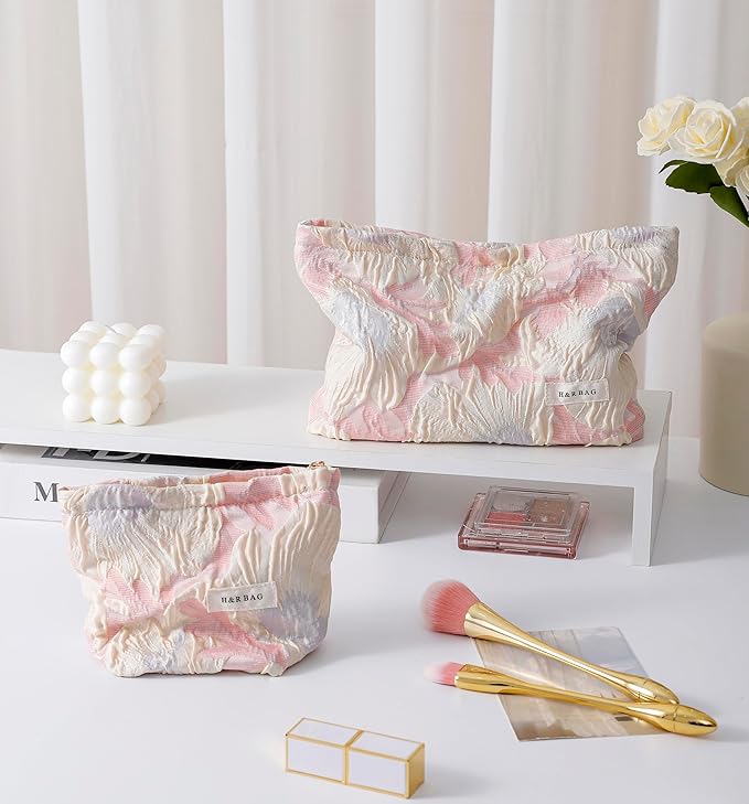getgto 2 Pcs Makeup Bags, Large Cosmetic Bag Travel Toiletry Bag Organizer for Women, Embroidery Craft, Floral Makeup Bag Small Cosmetic Pouch Purse with Zipper Gifts for Girls Teen