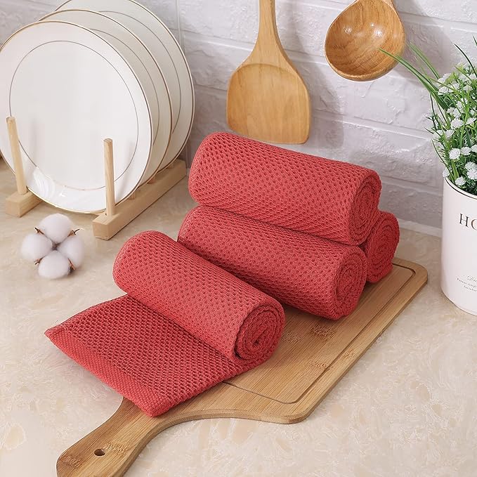 Kitinjoy 100% Cotton Waffle Weave Kitchen Towels, 4-Pack Super Soft and Absorbent Dish Towels for Drying Dishes, Kitchen Hand Towels, 13 in x 28 in, Brick Red