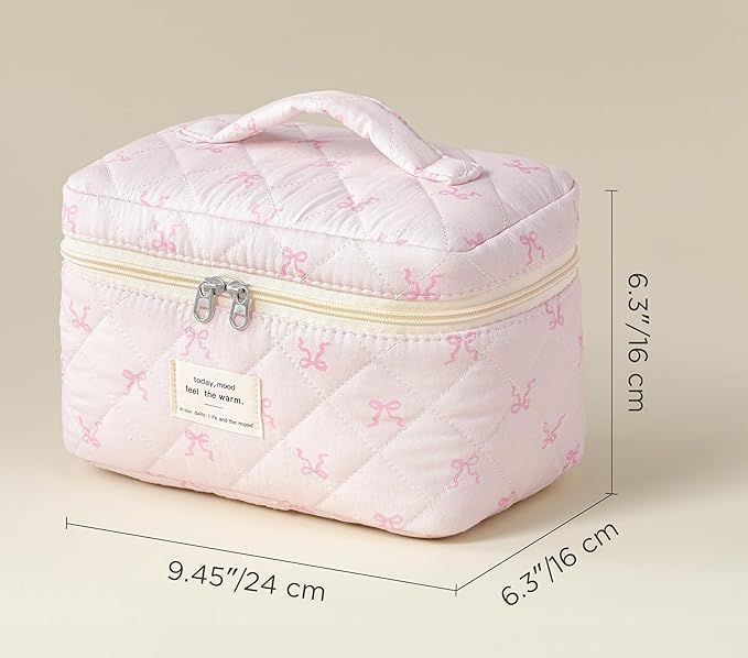 HBselect Christmas Gifts Large Quilted Makeup Bag, Cute Cotton Travel Makeup Bag with Handle, Portable Coquette Floral Make up Bags, Toiletry Organizer Make up Bags for Women Teen Girls Mom