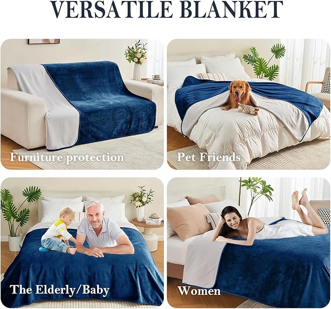 Yaning Waterproof Blanket 80"x90" for Adults, Reversible Waterproof Bed Cover for Dogs Cats Pets, Soft Leakproof Blanket for Bed Couch Sofa Furniture Protector, Navy Blue/Light Grey