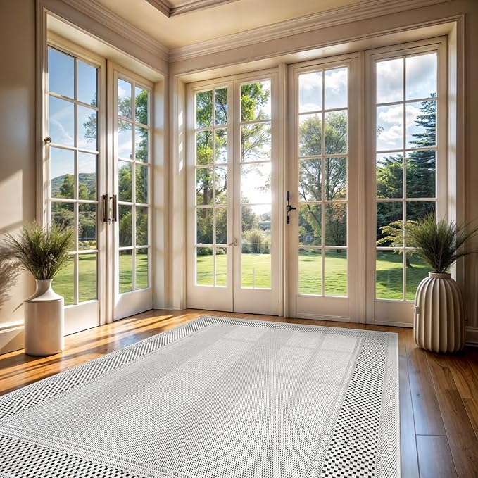 CAMILSON Easy Jute Rug 8x10, Indoor Outdoor Off-White Color Fiber Area Rugs for Entry, Living Room and Bedroom Rug, Bordered Boho Woven Design, Easy-Cleaning, Washable Outside Carpet (8 x 10)