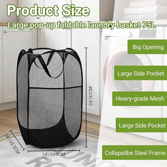 BATTOO Deluxe Strong Mesh Pop up Laundry Hamper Basket with Side Pocket for Laundry Room, Bathroom, Kids Room, College Dorm or Travel 2 Pack Black
