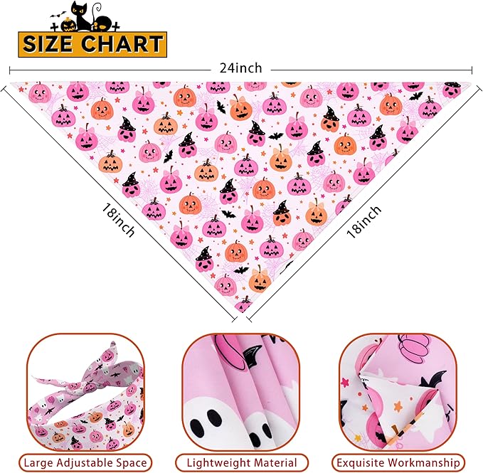 Halloween Dog Bandanas Reversible 2 Pack Small, Pink Pumpkin Ghost Bat Cute Halloween Pet Bandanas for Dogs Adjustable Triangle Holiday Scarves for Small Medium Boy Girl Dogs