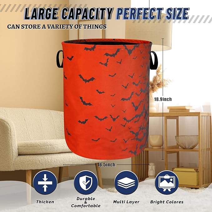 Bat Laundry Hamper Foldable Oxford Cloth Funny Bats Laundry Basket With Handle Portable Clothes Storage Basket Colorful Laundry Bag 18.9"x16.5" For Laundry Room/Bedroom/Bathrooms