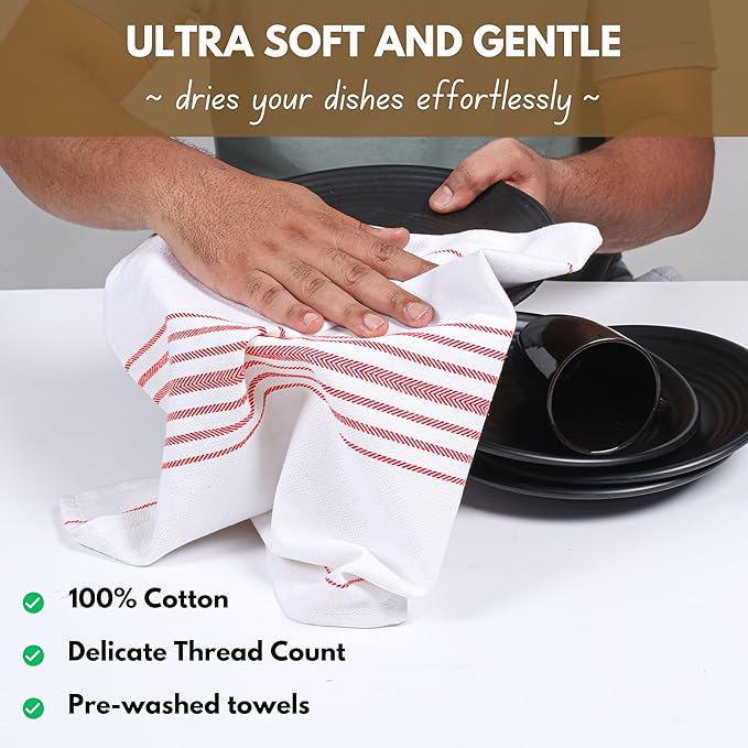 Native Fab 100% Cotton Red Kitchen Dish Towels Set of 4 Scandia Stripe 16"x26" - Herringbone Tea Towels, Dish Cloths for Drying Dishes, Absorbent Towels Set with Hanging Loop - Red White