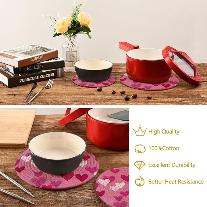 Valentine's Day Pink Hearts Trivet Mat 2PCS Round Woven Potholders Kitchen Table Countertop Protector Hot Pads Farmhouse Coasters Counter Mats for Cooking Baking