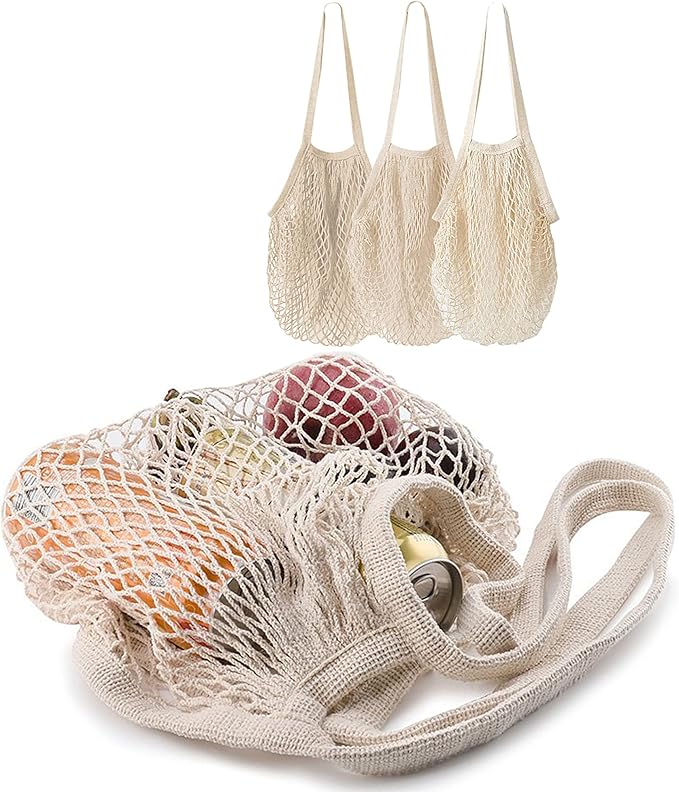 MERCURHOUSE 3 pack Cotton String Shopping Bags Reusable Washable Grocery Mesh Bags Organizer for Grocery Shopping Produce Net Bags with Longhandle for Fruit Vegetable Storage