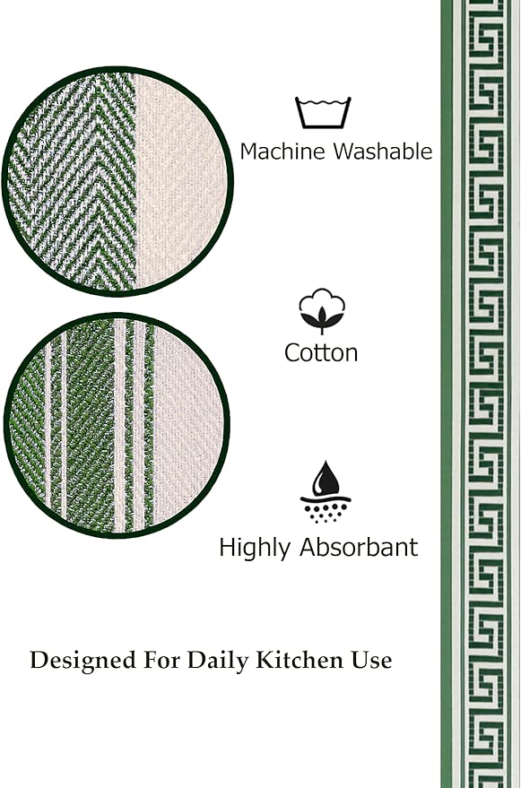 Attica Tracery Pure Cotton Kitchen Tea Towels – White Waffle Towels | Super Absorbent Kitchen Napkins | Reusable Cloths for Dishes, Counters & More - (60x38 cm, Set of 5) (White with Green Border)