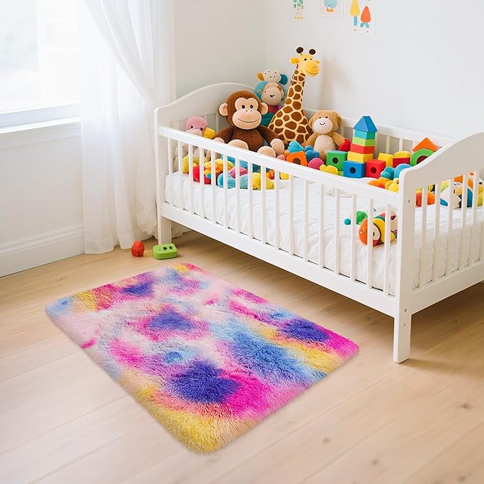 2x3 ft Small Throw Rugs Furry, Non Slip Mini Area Rug, Fluffy Tie-Dyed Rainbow Carpet,for Bedroom Door Entryway Indoor Inside Front Entrance Dog Mat, Home Decor Aesthetic, Nursery