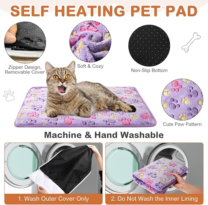 Clysee 4 Pack Self Heating Cat Bed Cat Self Warming Pad with Removable Cover Extra Warm Thermal Pet Pad Washable Pet Crate Mat Anti Slip Kennel for Indoor Outdoor Pets(Dog Paw,16 x 20 Inches)