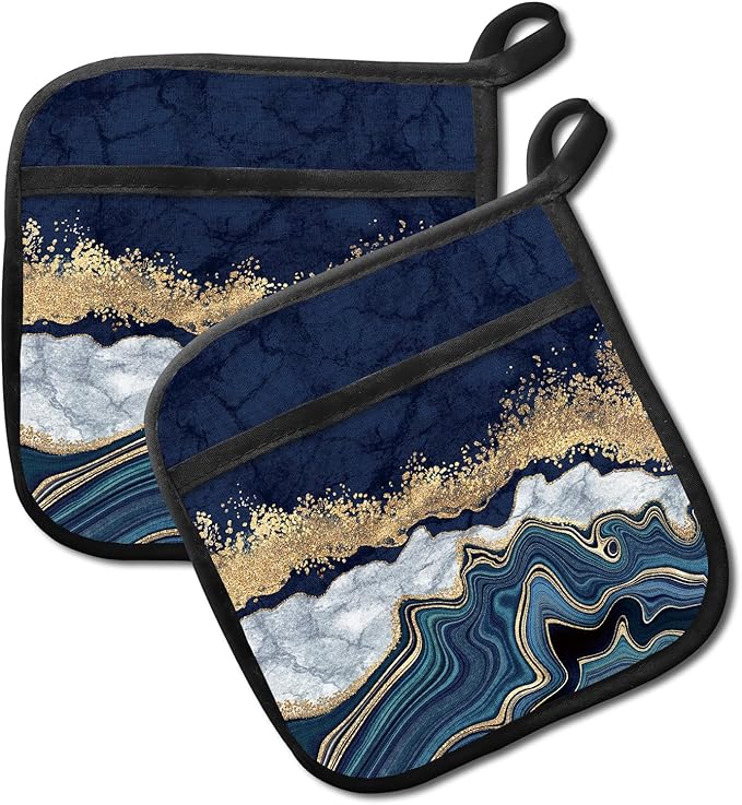 2 Pack Pot Holders for Kitchen Clearance, Cute Hot Pads, Funny Oven Pot Holders, Potholders Sets for Kitchen Heat Resistant Luxury Blue Marble