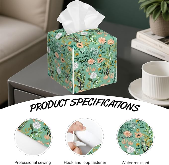 Garden Flower Blooming Tissue Box Holder,Cube Tissue Box Cover Holder,Leather Facial Paper Organizer Dispenser Home for Bedroom Night Stands,Kitchen,Office and Car,5.2"×5.2"×5.2"