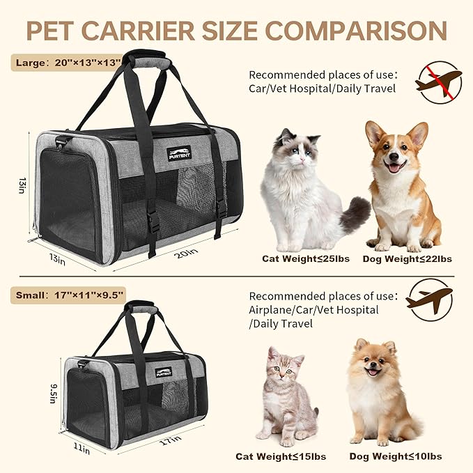 Furtent Soft Sided Two Cats Dog Carrier up to 25 lbs, Portable Mesh Pet Travel Bag for Medium Puppy Big Cats, Collapsible Puppy Crate Home Outdoor 20x13x13in, Grey