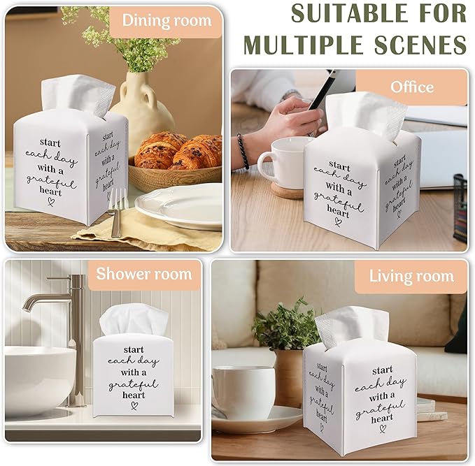 Leather Decorative Tissue Box Cover Square, Cube Tissue Box Cover Holder, Inspirational Gifts Ideas for Bestie, Start Each Day with A Grateful Heart, Bathroom Office Decor -(5.2 Inches) A44