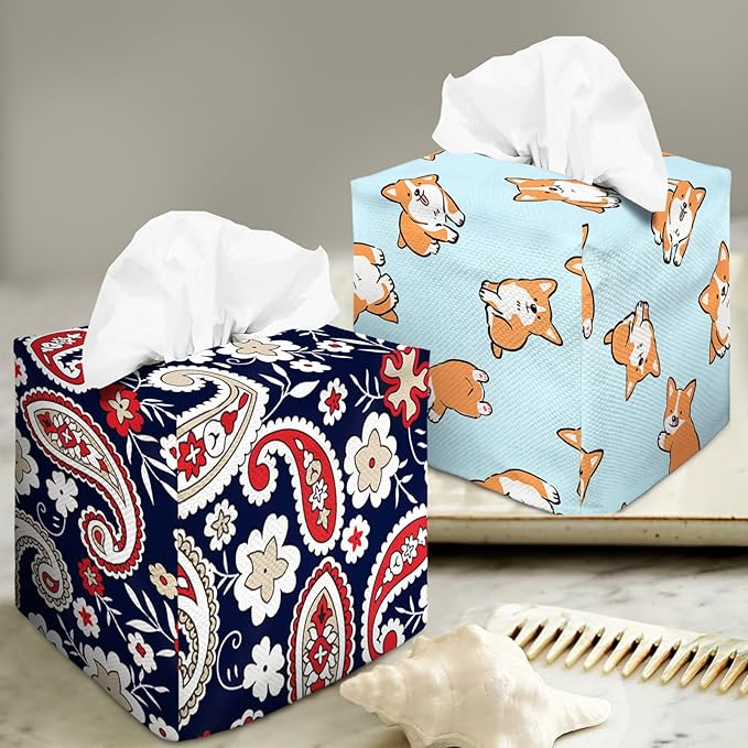 Tissue Box Cover Square Decorative Tissue Box Holder Cute Funny Cube Tissue Case Cover-Paisley Floral Tissue Box Cover