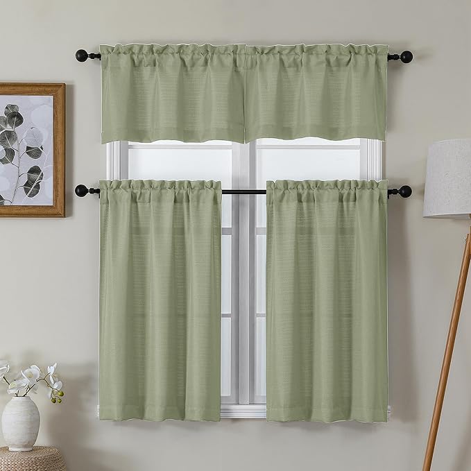 Lecloud Bessie Light Green Kitchen Curtains 24 Inch Length 2 Pcs, Faux Linen Textured Short Curtains for Small Windows, Light Filtering Tiers Window Treatments for Bedroom Bathroom, Each 30 W x 24 L