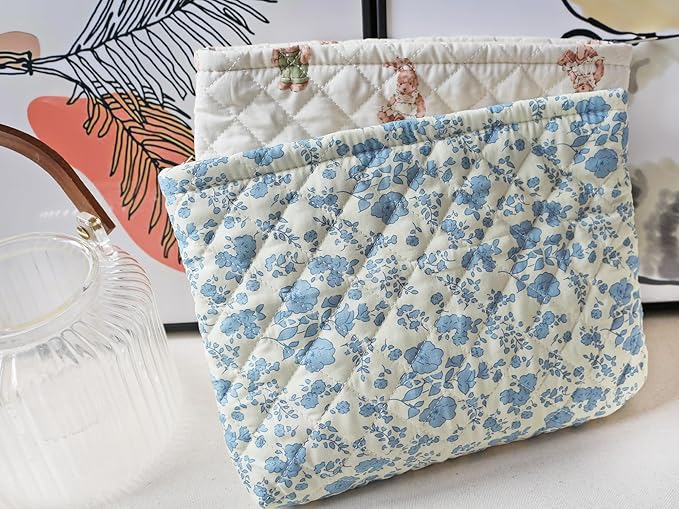 HAPPYHEIDI Cotton Quilted Makeup Bag Cosmetic Toiletry Travel Pouch Purse accessory Organizer, Little Blue Orchids