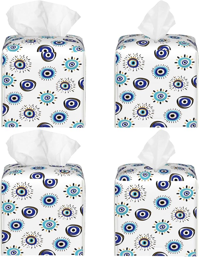 POIUBLE Evil Eye Tissue Box Cover Leather Tissue Box Holder Square Facial Paper Organizer Dispenser for Bathroom Kitchen Bedroom Vanity Countertop Night Stands