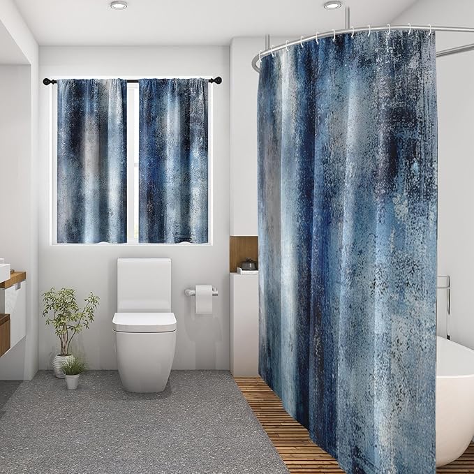 Culudea Blue Grey Gray Painting Shower Curtain Set, Contemporary Abstract Modern Oil Art Bathroom Window Waffle Cloth Waterproof Shower Curtains for Bathroom Decor