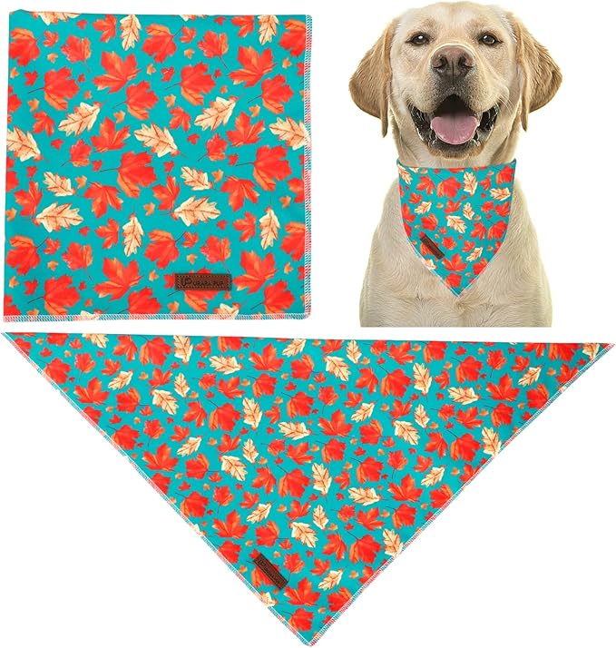 UP URARA PUP Fall Dog Bandana – Green Maple Leaf Triangle Scarf for Small Medium Large Dogs, Soft Cotton Pet Bib for Autumn Thanksgiving, Adjustable Dog Kerchief for Seasonal Outings