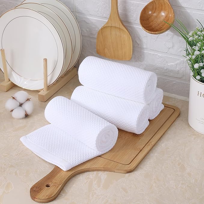 Kitinjoy 100% Cotton Waffle Weave Kitchen Towels, 4-Pack Super Soft and Absorbent Dish Towels for Drying Dishes, Kitchen Hand Towels, 13 in x 28 in, White