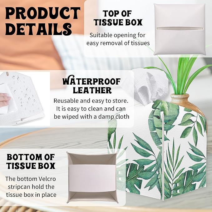 Greenery Square Tissue Box Holder Cover, Tissue Cube Box Organizer for Bathroom, Living Room, Office, Countertop, Car, Night Stands, Modern Home Desk Tabletop Decor - A01