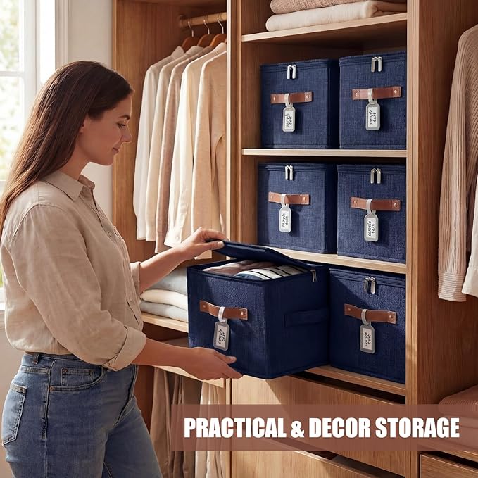 Fiwochic 6 Pack Fabric Storage Bins with Lids and Label, 10×8×7Inch Foldable Cotton Linen Cute Storage Boxes with PU Leather Handles for Closet, Bedroom, Shelf, Nursery, Dark Blue