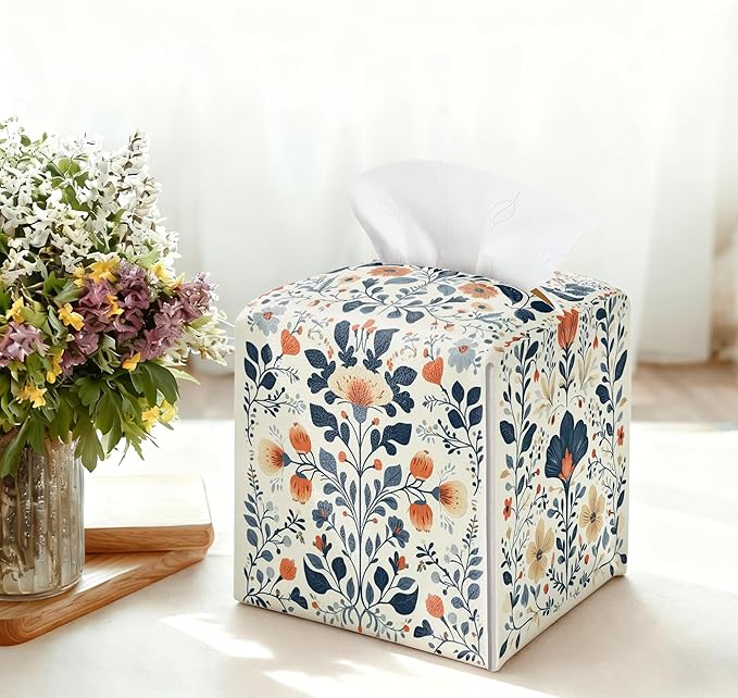 Floral Tissue Box Holder, Scandinavian Leather Tissue Box Cover Square, Paper Napkins Everyday Dispenser for Bathroom Vanity Countertop Night Stands Kitchen Office Car Home Decor