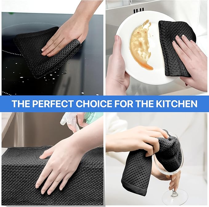 FreeNook 100% Cotton Waffle Weave Kitchen Towels, 6 Pack Dish Cloths for Washing Dishes, Ultra Soft Absorbent Dish Towels, Quick Drying Kitchen Rags, 12x12 Inches, Black