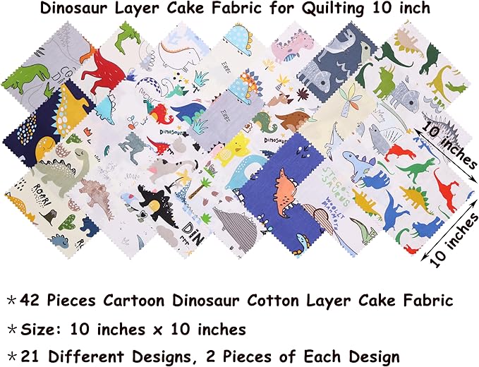 Hanjunzhao Dinosaur Cotton Fabric Squares 10x10, Dinosaurs Layer Cake Fabric Clearance for Quilting 10 inch, Layer Cakes 10 inch Squares for Quilting, Baby Boy Blanket, Room Decor, and Crafts