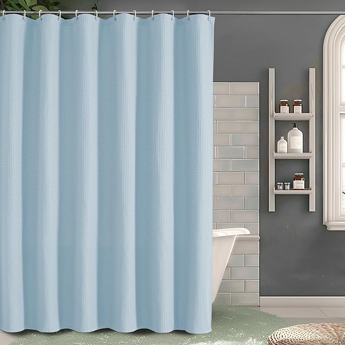 OVZME Waffle Shower Curtain Set for Bathroom, Textured Heavy Duty Fabric Bath Curtains, Luxury Hotel Weighted 230GSM Bathroom Decor with 12 Plastic Hooks, Machine Washable, 72Wx72L, Glacier Blue