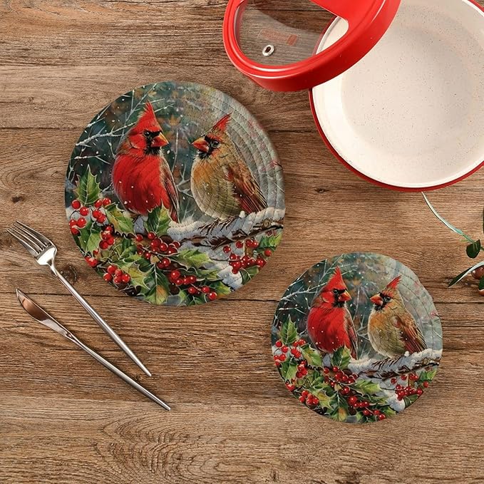 Boccsty Winter Two Cardinal Trivet Mat 2PCS Red Birds Round Woven Potholders Kitchen Table Countertop Protector Hot Pads Farmhouse Cooking