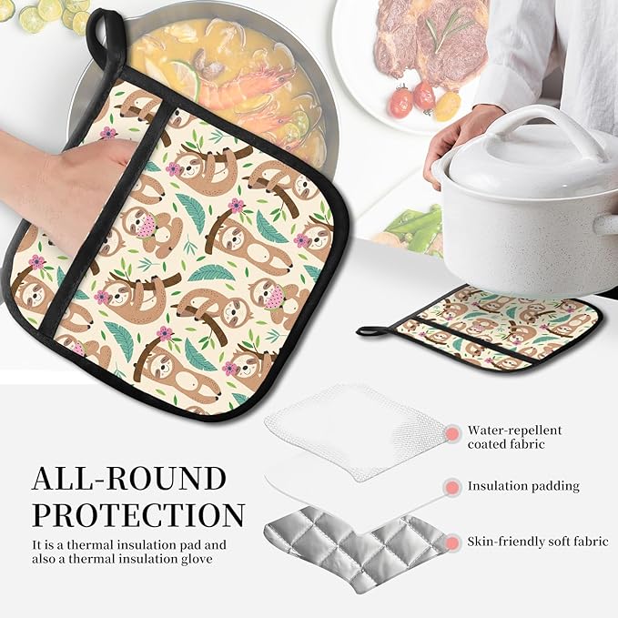Pot Holders for Kitchen, Heat Resistance Hot Pads, Cute Potholder with Pocket for Kitchen Cooking Baking 2 Packs, Cute Sloths